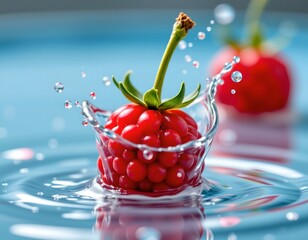 Vibrant Red Berry with Water Splash and Green Leaves