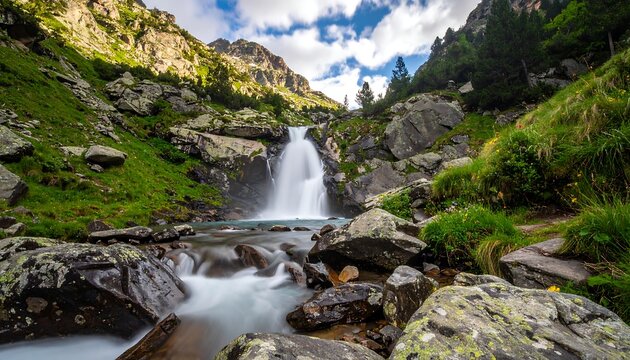 Serene mountain waterfall cascading into a rocky stream, under blue sky