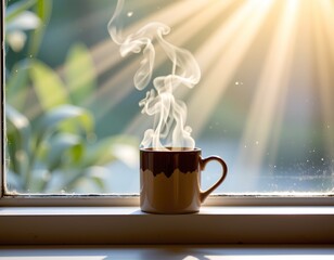 Steaming Mug Windowsill with Soft Light and Shadows