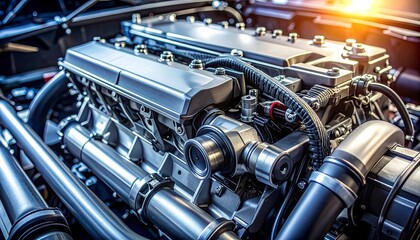 Fototapeta premium Modern car engine symbolizing automotive power, innovation, and mechanical engineering excellence