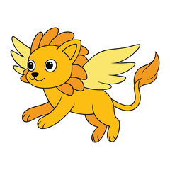 Leaping Winged Lion Cartoon Vector Icon Illustration, Mythical Creature Concept