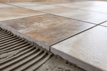 Fototapeta premium Detailed close-up of ceramic tiles being laid on a floor, showing wet mortar adhesive applied with a notched trowel.