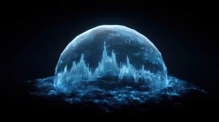 AI integrated fintech banking, A glowing digital dome with data-like structures, resembling sound waves, set against a dark background, creating a futuristic and abstract visual