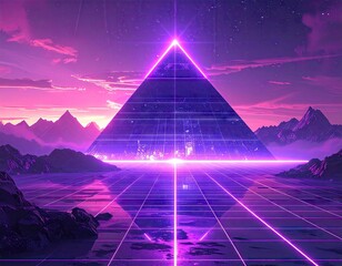 Futuristic pyramid illustration set against a landscape with mountains and reflecting surface, illuminated with neon lights, radiating an otherworldly, dreamy atmosphere under a gradient purple and...