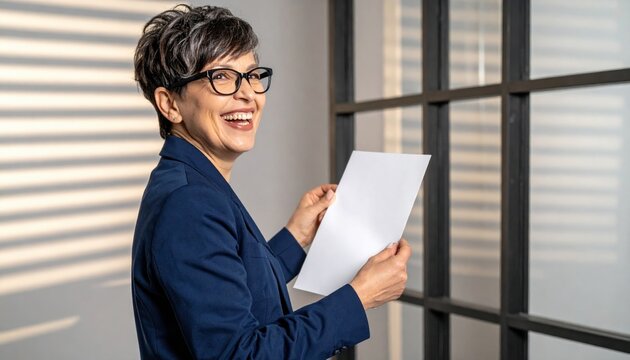 fictional adult holding blank sheet chuckling mid turn window stripes across wall clean set