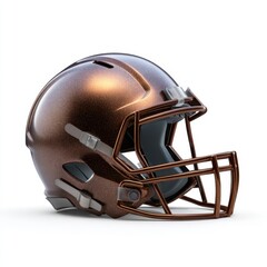 Fototapeta premium A metallic copper American football helmet with a dark gray inner shell and metallic cage on a white background