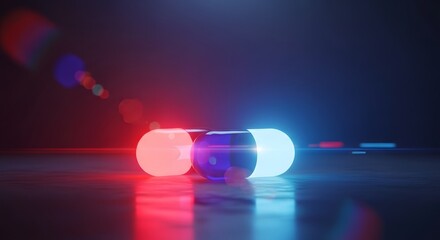 Dynamic abstract visual of glowing red and blue lights, resembling emergency vehicle signals, creating a sense of urgency and digital alert in a dark, reflective environment