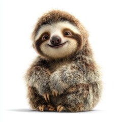 Adorable cartoon sloth with fuzzy fur and a cheerful smile sitting with its paws crossed