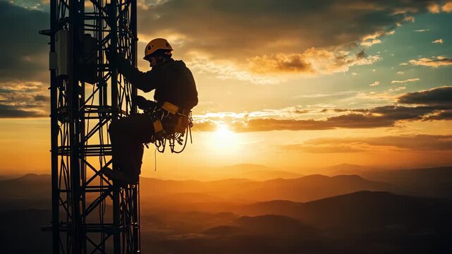 Lineman working on a cell tower at sunset, wearing safety gear and helmet.