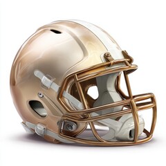 Fototapeta premium A shiny gold and white football helmet with a metallic facemask on a white background