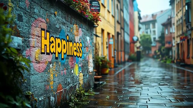 Rainy city street with colorful buildings and a wall mural reading 'Happiness'.