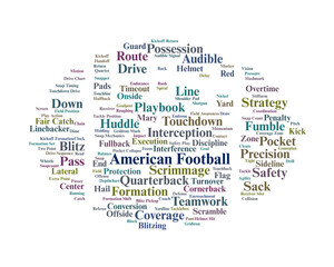 American Football Word Cloud. Core Terms Defining Strategy, Play, and Game Dynamics