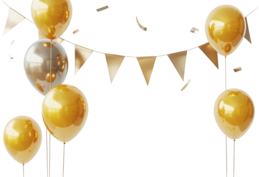 Golden Balloons and Bunting with Confetti isolated on a transparent background