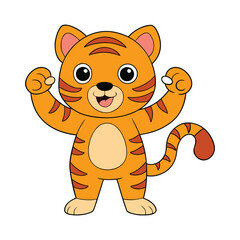 Cute Tiger Raised Fist Strong Victory Hand Cartoon Illustration