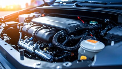 Fototapeta premium Modern car engine symbolizing automotive power, innovation, and mechanical engineering excellence
