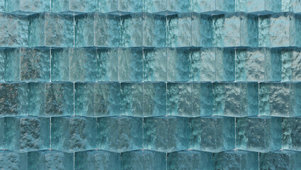 Teal Ice Glass Block Wall With Repeating Rectangular Pattern For Modern Architecture Backdrop