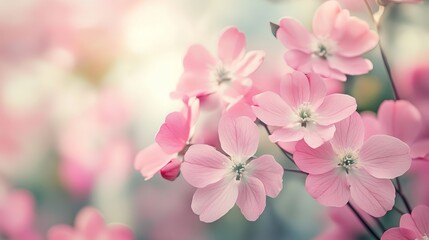 Obraz premium Delicate pink dogwood blossoms unfurl in soft sunlight, a symbol of spring's gentle arrival and fresh beginnings.