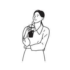 Illustration of a woman holding a takeaway coffee cup and looking to the side — coffee and career woman vector