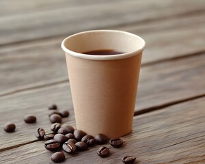 Coffee in Disposable Cup with Beans on Wooden Table