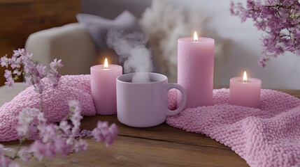 Cozy Hot Drink with Pink Candles and Flowers Still Life Photography