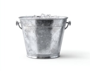 Metal ice bucket, full of ice, on white background