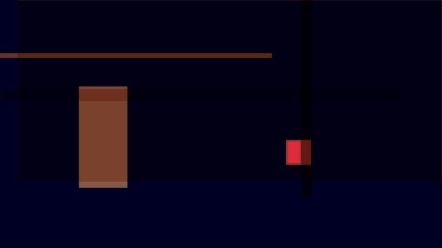 Abstract digital art with orange geometric shapes and a horizontal red line on a dark background