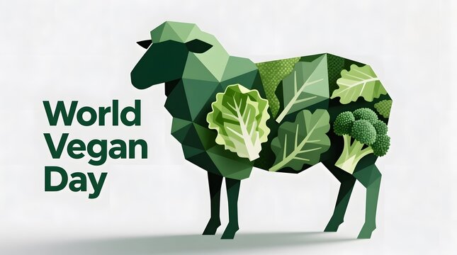 Geometric sheep made of green leaves and vegetables, symbolizing veganism and world vegan day, isolated on white background