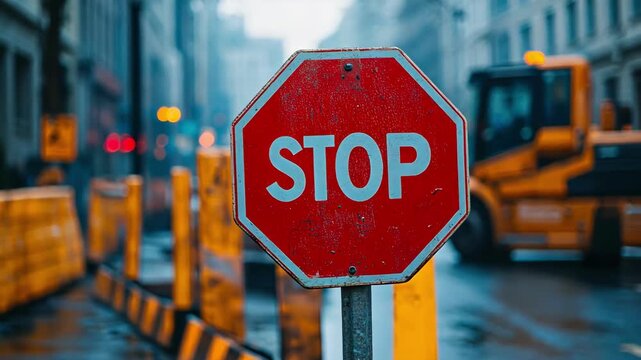 Stop sign on a wet city street with construction equipment in the background.