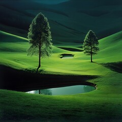 Serene Green Landscape with Two Trees and Ponds