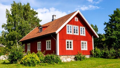 Obraz premium Traditional Red Wooden Cottage in a Lush Green Landscape