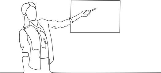 Dynamic line art of a woman presenting on a blank whiteboard with a pen, perfect for adding your own text and designs to give a professional presentation, editable