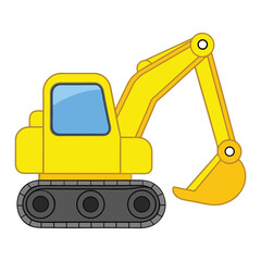 Yellow Classic Excavator Cartoon Vector Icon Illustration, Construction Vehicle Concept