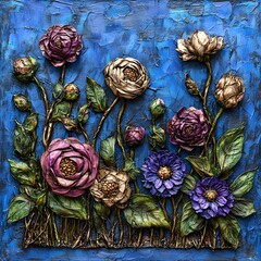 Textured Floral Impasto Painting Blue Background