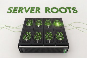 Server with glowing circuit leaves in an environmental graphic
