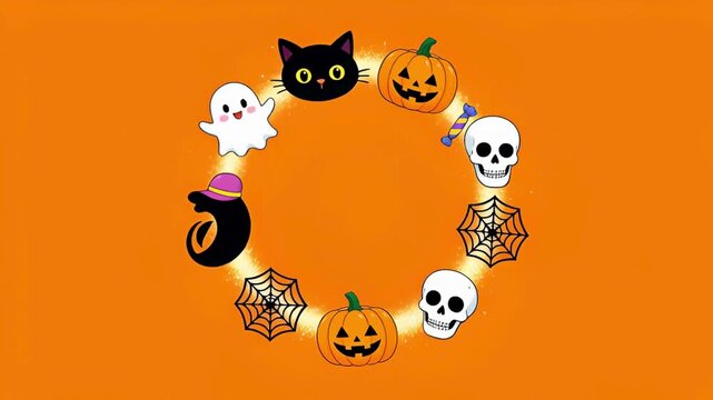 Cartoon Halloween Icons Ring Loop Animation on Orange