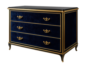 A luxury bathroom dresser with gold details and velvet drawers for an elegant home spa.
