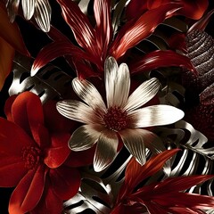 Luxurious Metallic Red Gold Flowers Tropical Leaves Bouquet