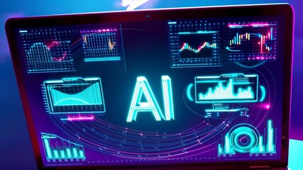 AI analytics interface shows digital charts. Data visualized with graphs and bars. AI monitors tech system on screen. Charts update with data input. Digital tech drives analytics system. - Powered by Adobe