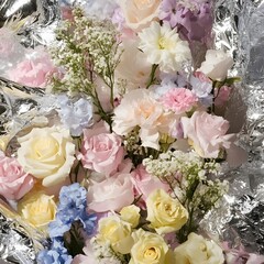 Pastel Roses, Carnations & Baby's Breath Bouquet in Foil