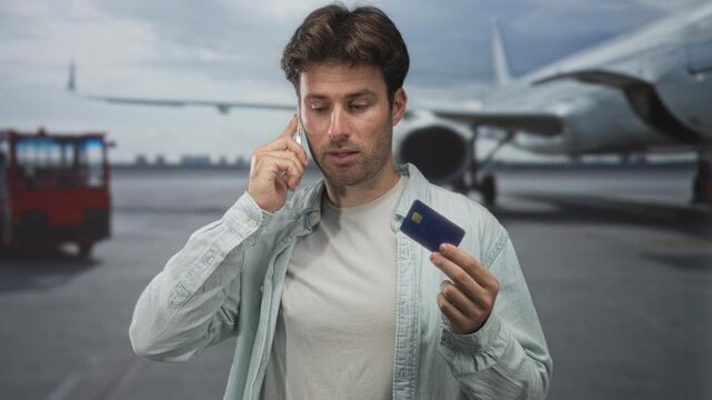 Man holds phone to ear while checking a blue creditcard beside a parked airliner on airport tarmac; payment concern.
