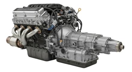 Realistic Car Engine and Transmission Assembly Isolated Transparent Background