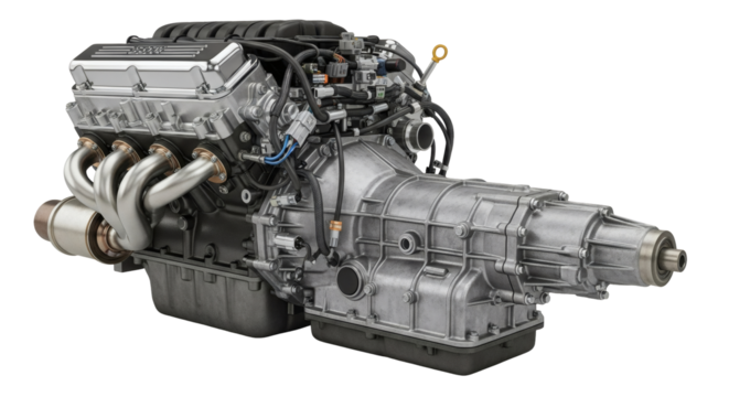 Realistic Car Engine and Transmission Assembly Isolated Transparent Background