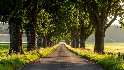Scenic, tree-lined road stretching into the distance under a bright sky