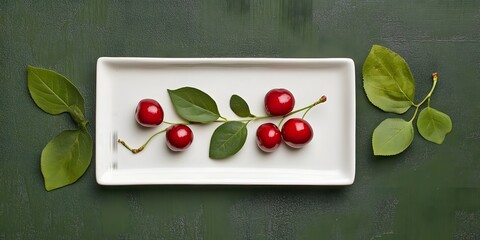 Fresh Red Cherries on White Plate Green Background