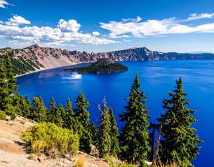 Scenic view of a beautiful lake with an island and mountain backdrop