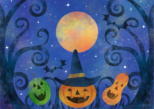 ハロウィンの満月とかぼちゃたち