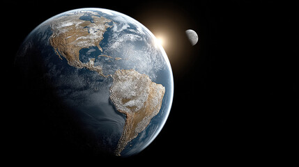 Earth moon sun space planet atmosphere ocean continent sunrise astronomy. Earth and moon illuminated by sunrise outer space showing continents