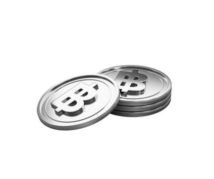 Stack of shiny silver Thai Baht coins representing finance and currency.