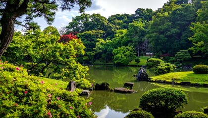 Fototapeta premium Tranquil lake scene with lush greenery and manicured trees