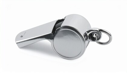 Describe a shiny metal whistle with a cylindrical chamber, flat mouthpiece, and side ring for lanyard attachment. Highlight its use in sports, safety, and signaling with crisp, functional appeal.